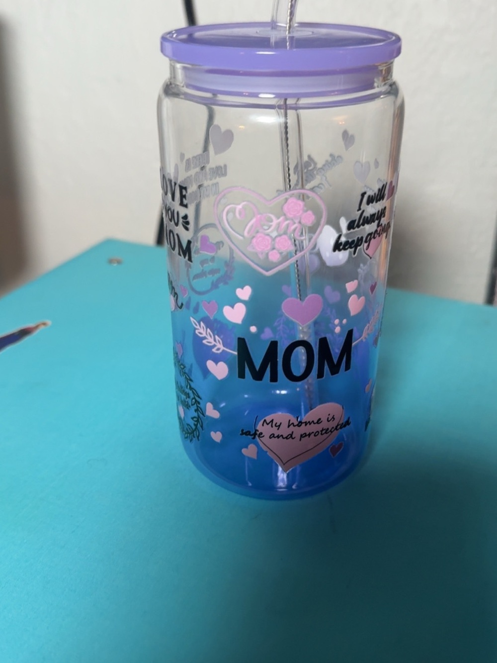Mom Heart Pattern Blue & Purple Tumbler with Straw